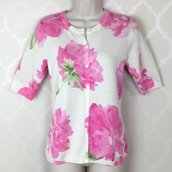 Liz Claiborne Sweaters - LIZ CLAIBORNE PINK FLORAL ELBOW SLEEVE CARDIGAN